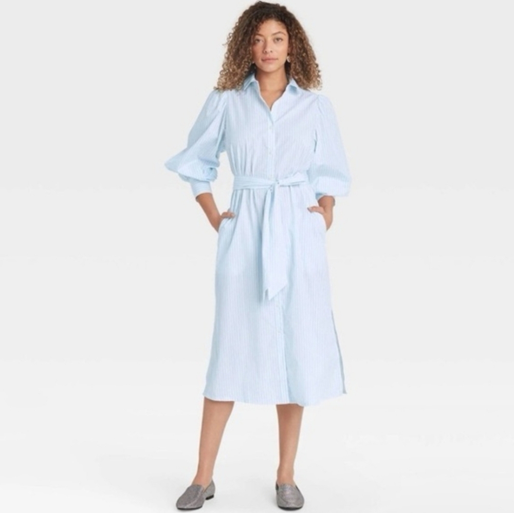 a new day | 100% Cotton Light Blue Striped Long Sleeve Midi Dress Size XXL